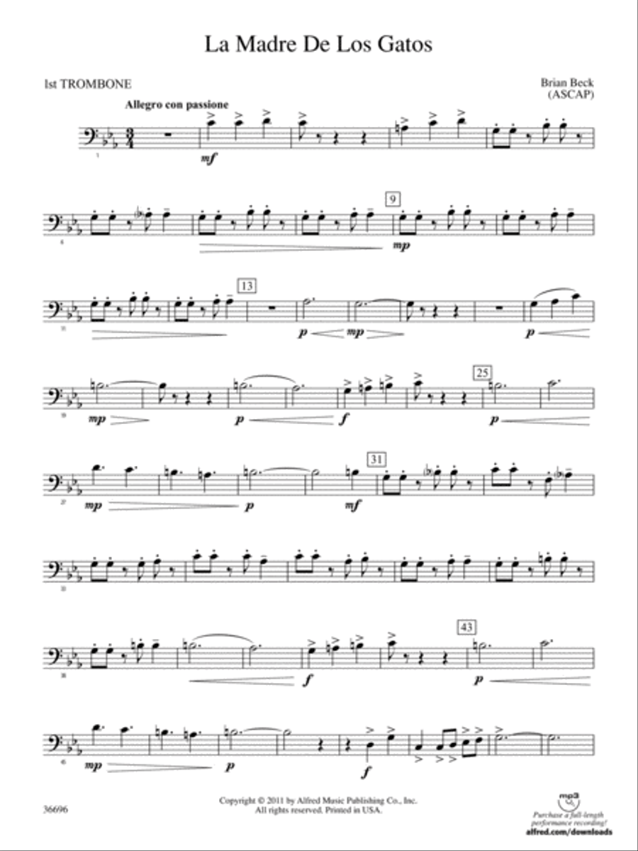 La Madre de los Gatos: 1st Trombone Concert Band scores gallery preview page 1