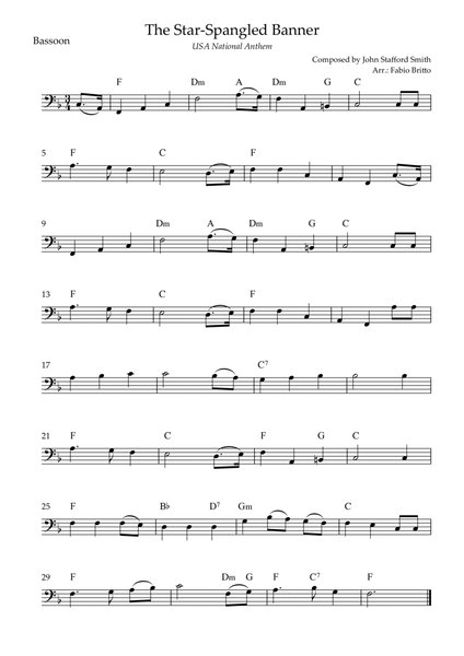 The Star Spangled Banner (USA National Anthem) for Bassoon Solo with Chords (F Major)