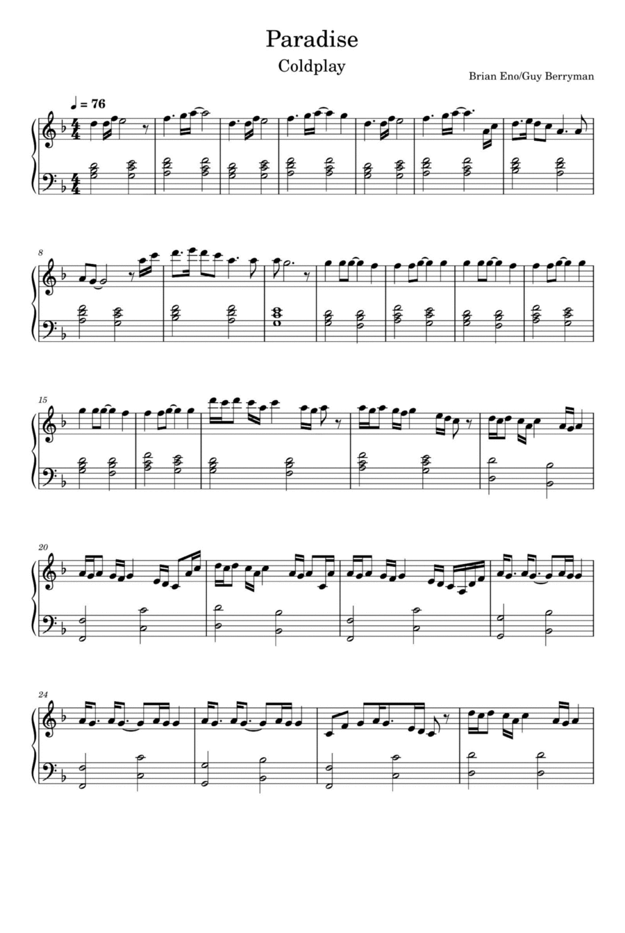 Paradise Piano Solo scores gallery preview page 1