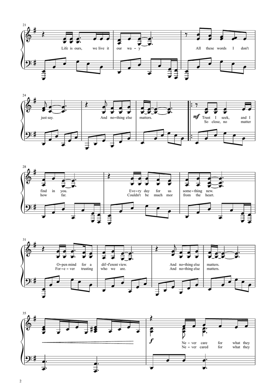 Nothing Else Matters Piano Solo scores gallery preview page 2