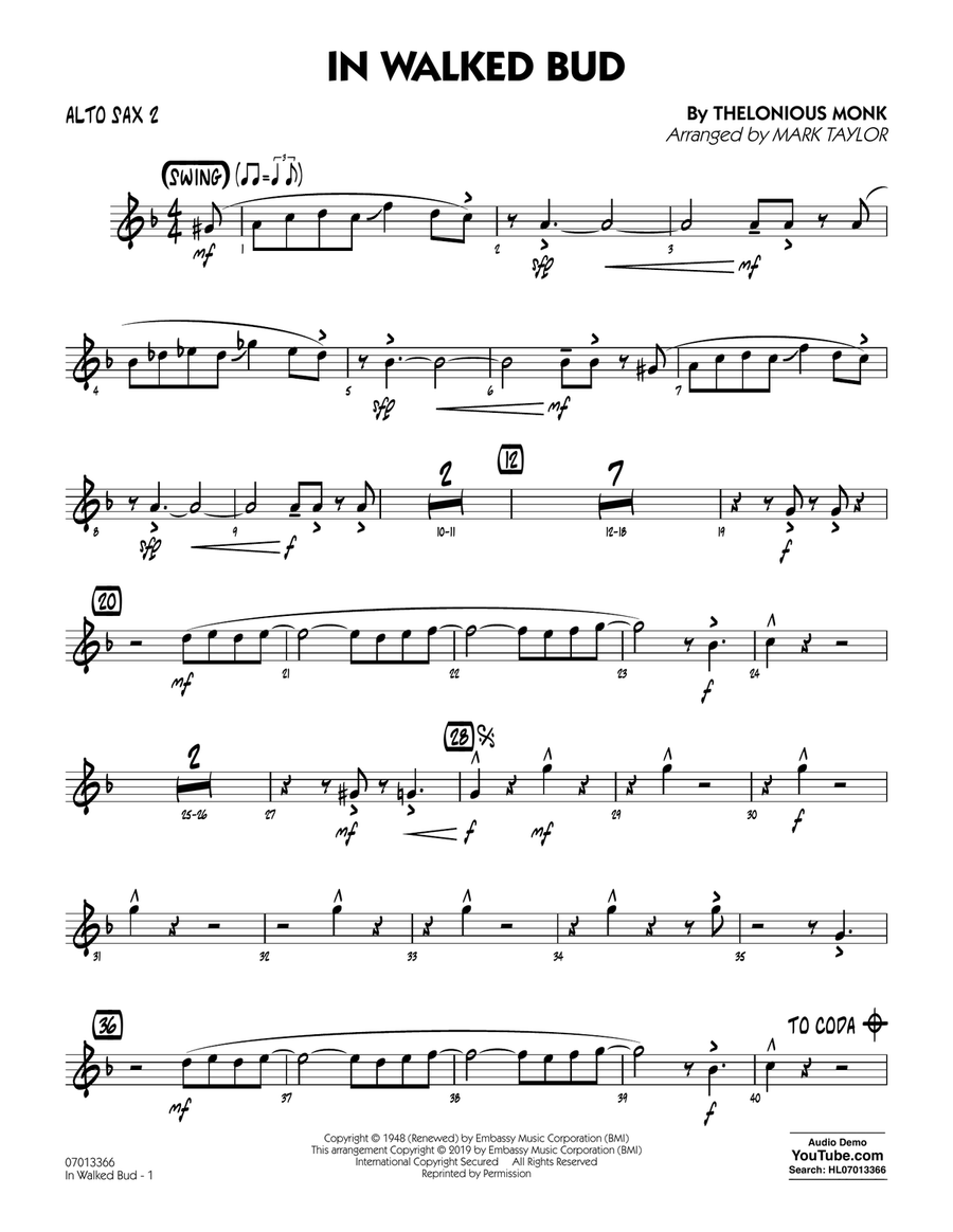 In Walked Bud (arr. Mark Taylor) - Alto Sax 2
