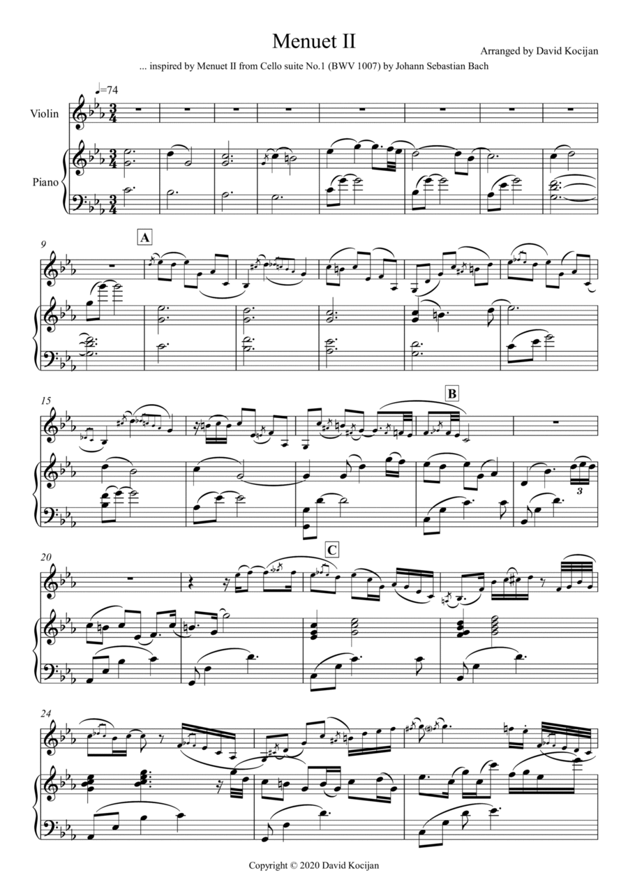 Menuet II from Cello suite No.1 (violin & piano) Piano Trio scores gallery preview page 1