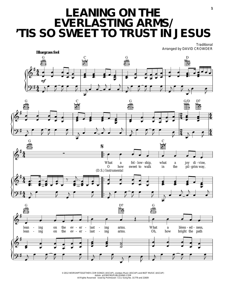 Leaning On The Everlasting Arms / 'Tis So Sweet To Trust In Jesus Piano, Vocal, Guitar scores gallery preview page 1