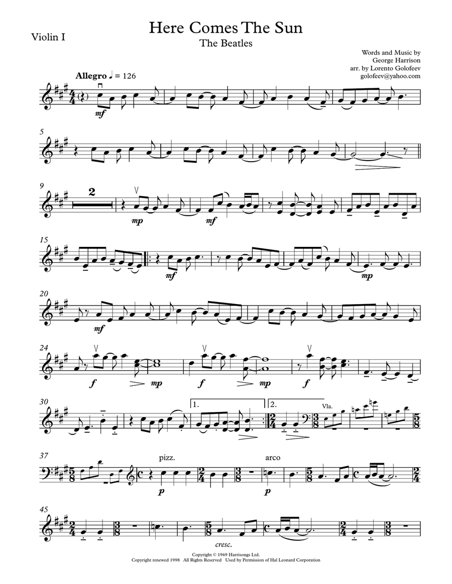 Here Comes The Sun String Quartet scores gallery preview page 1