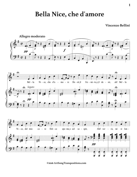 BELLINI: Bella Nice, che d'amore (transposed to E minor)