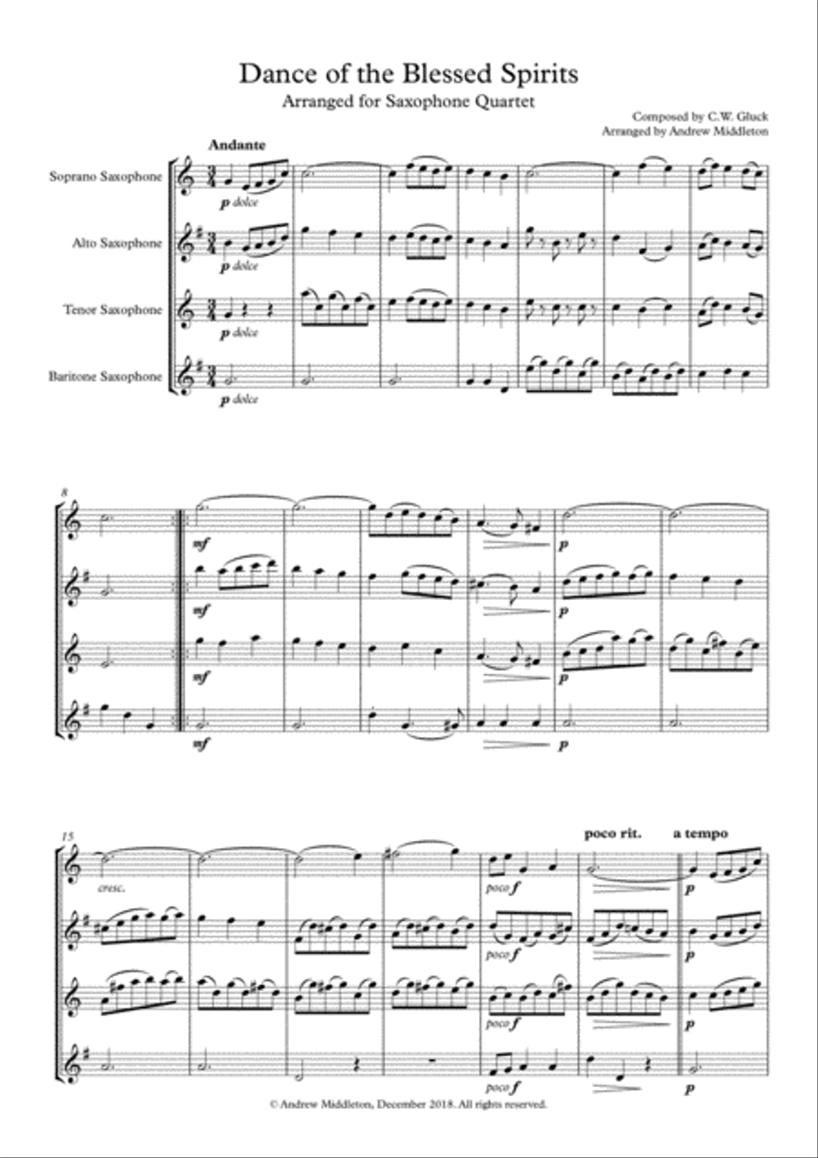 Dance of the Blessed Spirits arranged for Saxophone Quartet Saxophone Quartet scores gallery preview page 3