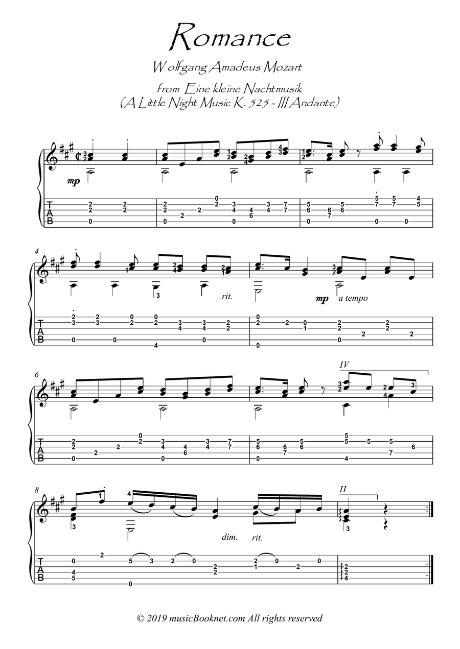 Romance from Eine kleine Nachtmusik Acoustic Guitar scores gallery preview page 1