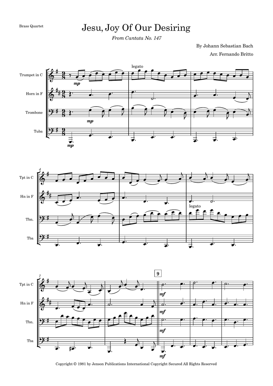 Jesu, Joy of Man's Desiring (J. S. Bach) for Brass Quartet
