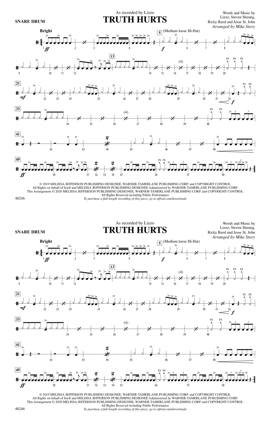 Truth Hurts: Snare Drum Marching Band scores gallery preview page 1