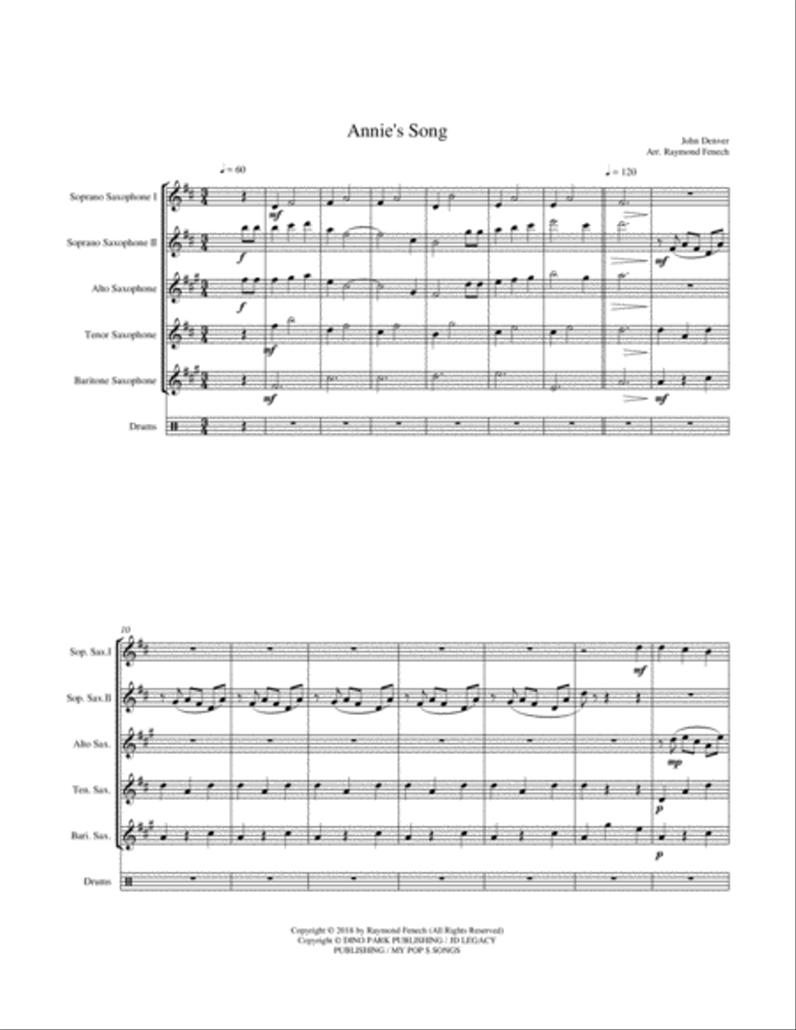 Annie's Song Saxophone Quintet scores gallery preview page 6