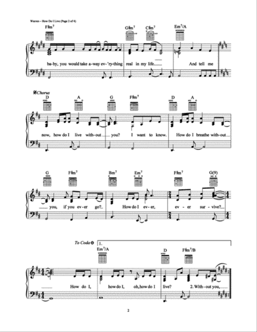 How Do I Live Piano, Vocal, Guitar scores gallery preview page 2