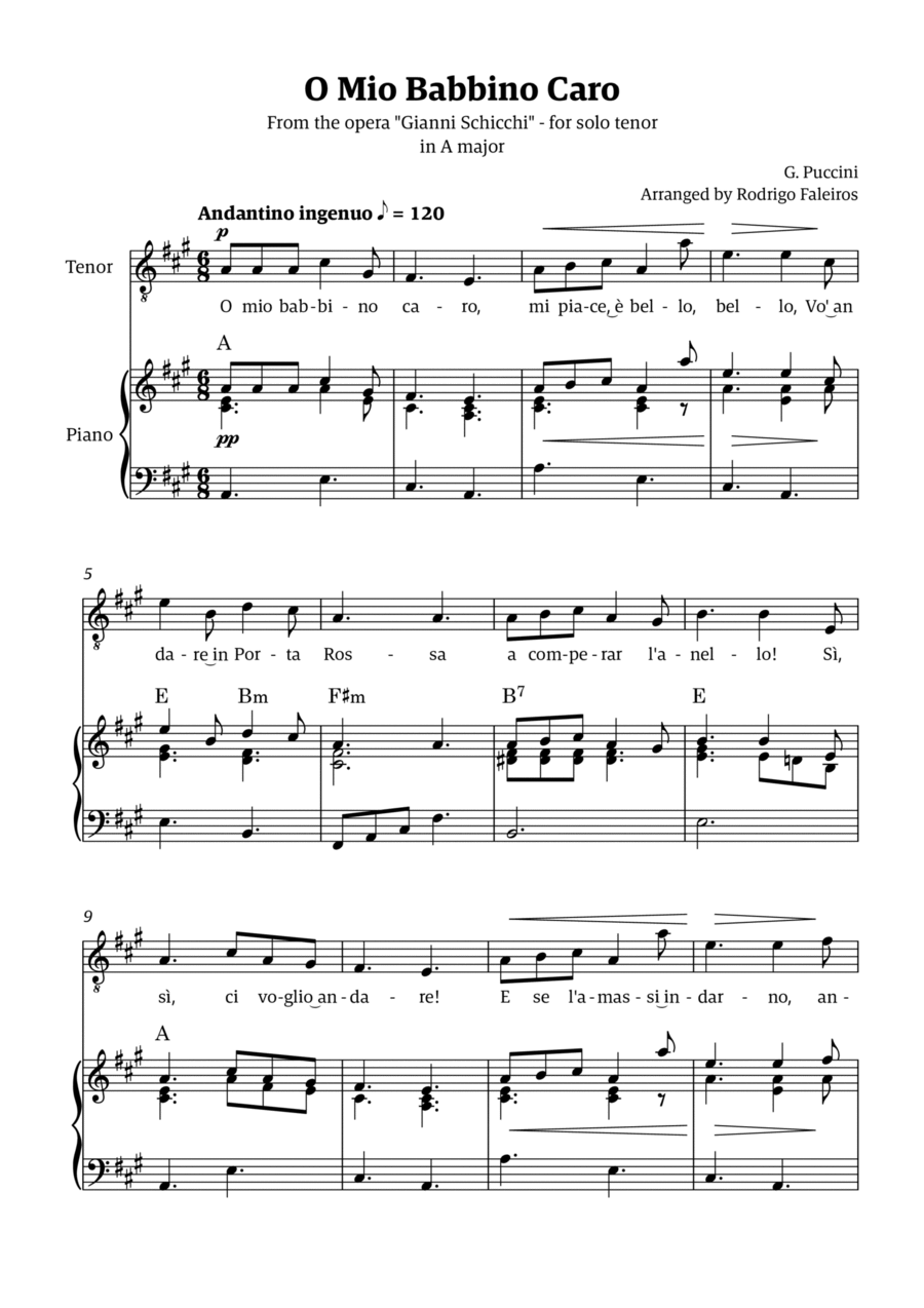 O Mio Babbino Caro - for tenor (in A major) Voice scores gallery preview page 1