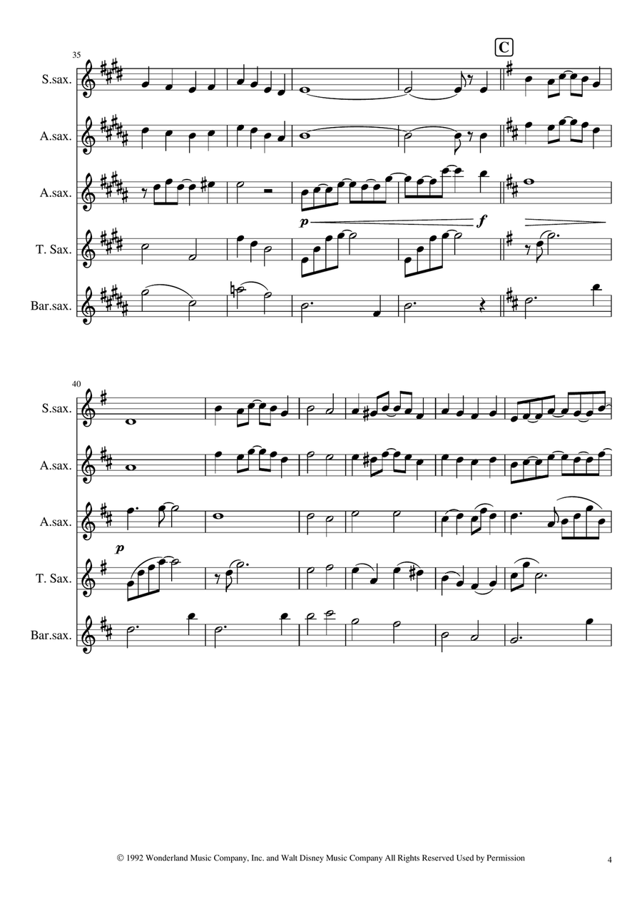A Whole New World Saxophone Quartet scores gallery preview page 4