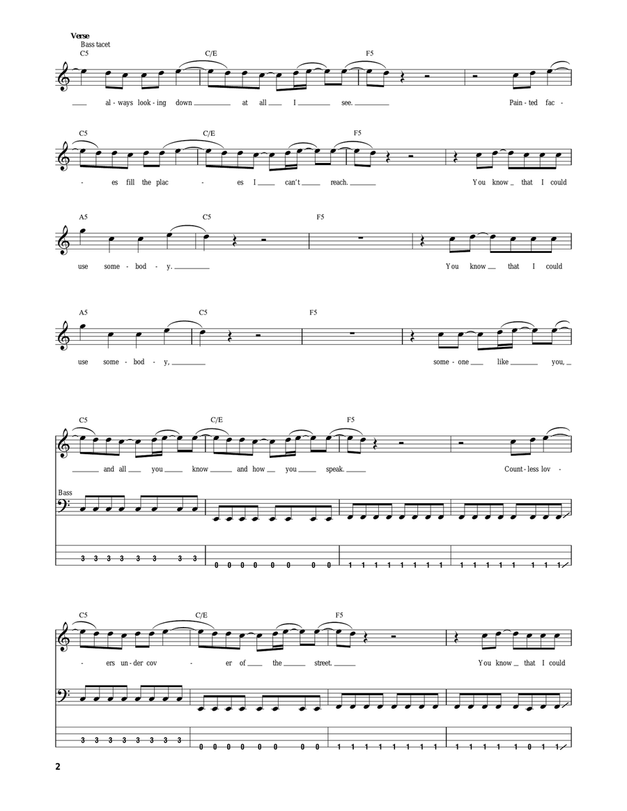 Use Somebody Guitar Tablature scores gallery preview page 2
