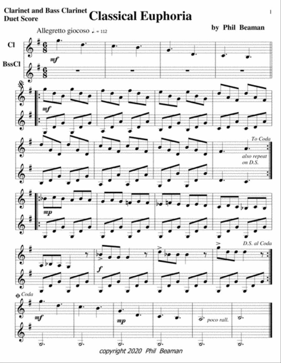 Classical Euphoria-clarinet/bass clarinet duet Clarinet Duet scores gallery preview page 1
