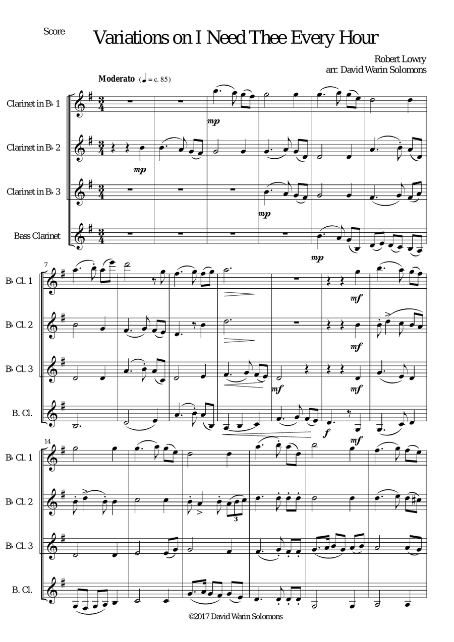 Variations on I Need Thee Every Hour for Clarinet quartet Clarinet Quartet scores gallery preview page 1