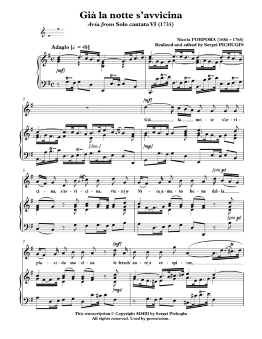 PORPORA Nicola: Già la notte s'avvicina, aria from the cantata, arranged for Voice and Piano (G maj