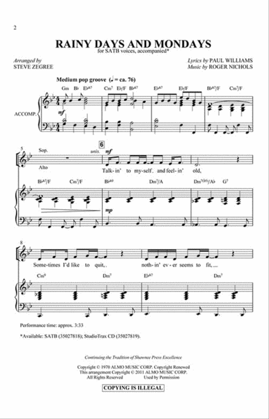 Rainy Days and Mondays 4-Part scores gallery preview page 2