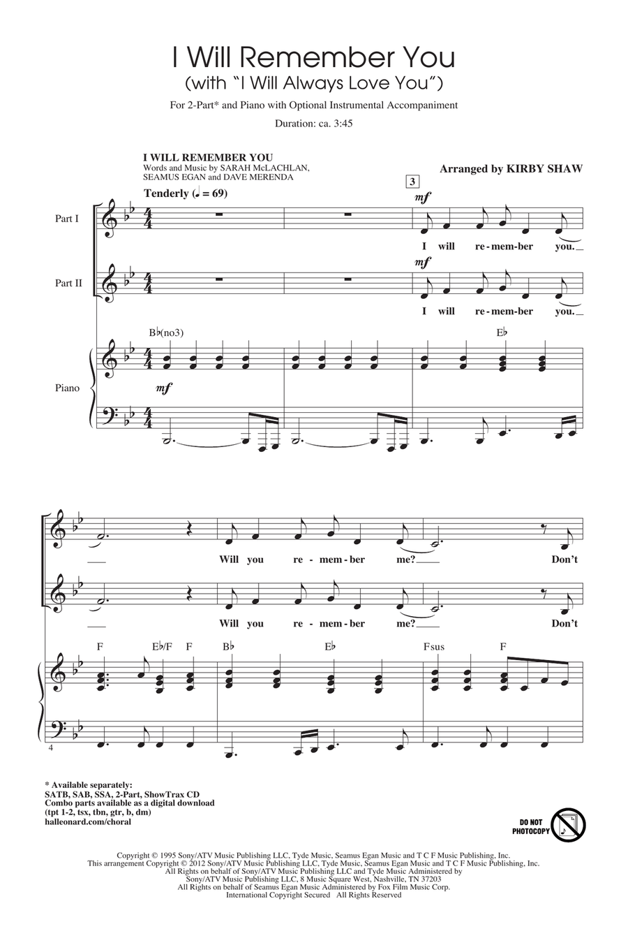 I Will Remember You (with I Will Always Love You) 2-Part scores gallery preview page 1