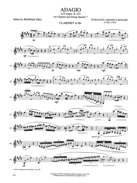 Adagio In D Major, K. 622, For Clarinet And String Quartet