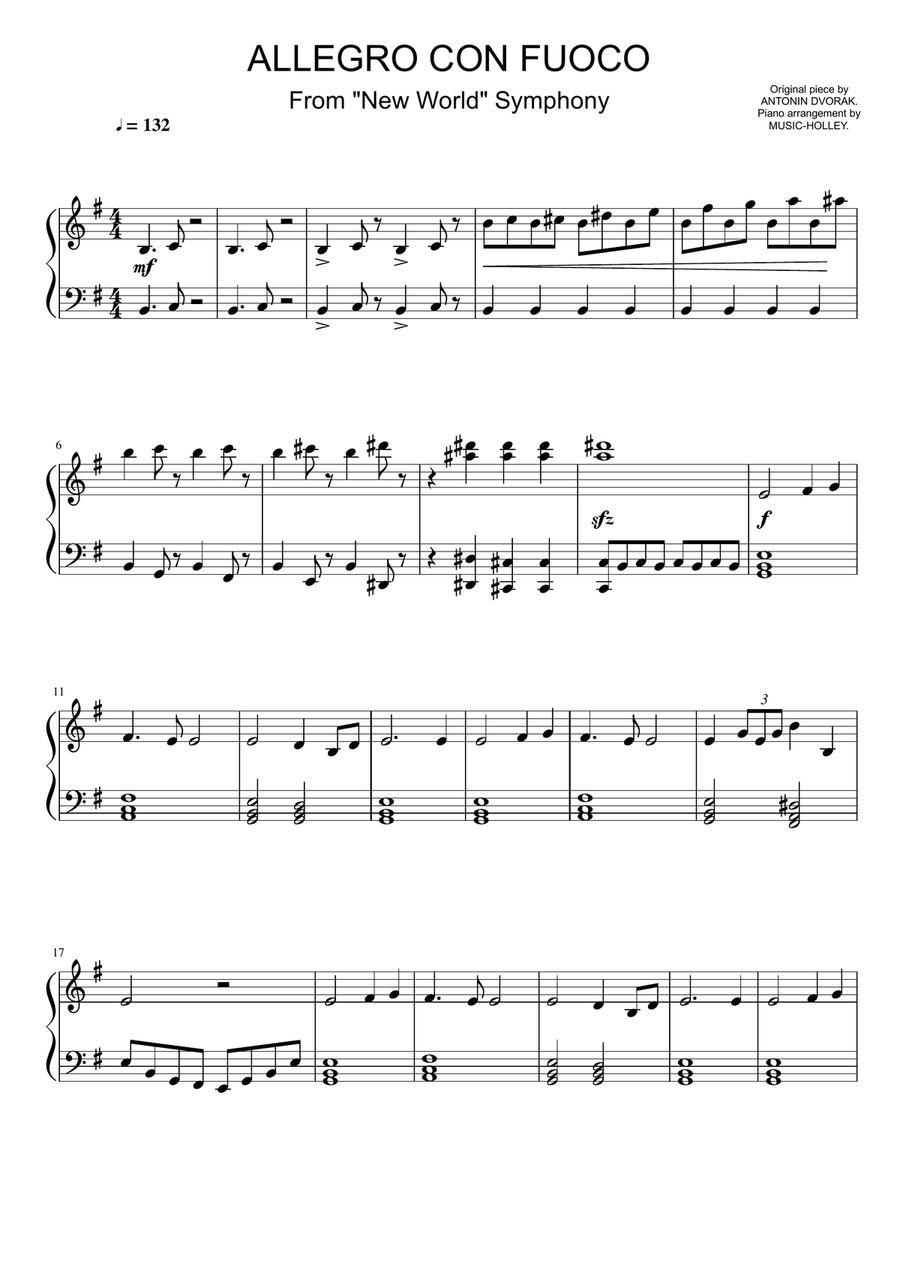 Dvorak - Allegro con fuoco, From the New World Symphony (easy piano sheet) Small Ensemble scores gallery preview page 1