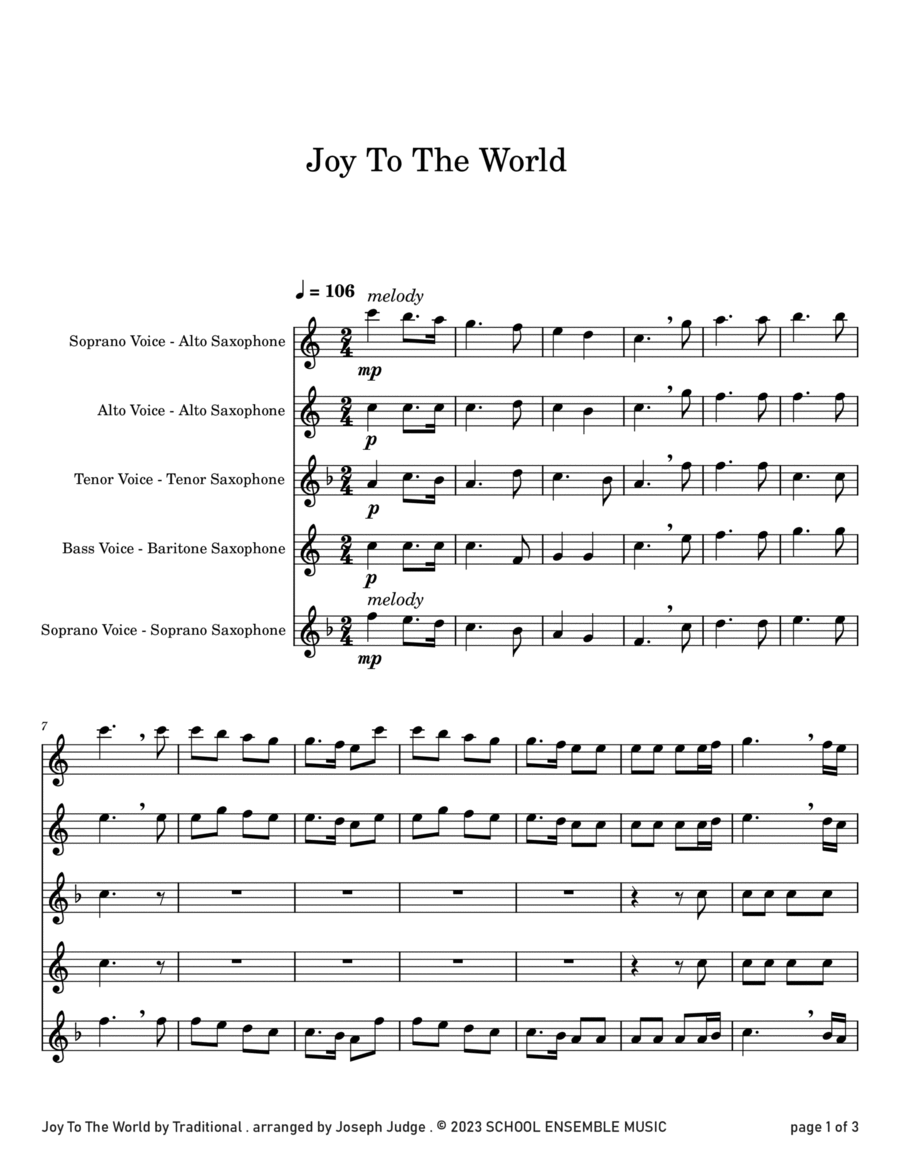 Joy To The World for Saxophone Quartet in Schools image number null