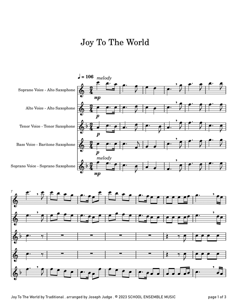 Joy To The World for Saxophone Quartet in Schools Saxophone Quartet scores gallery preview page 1