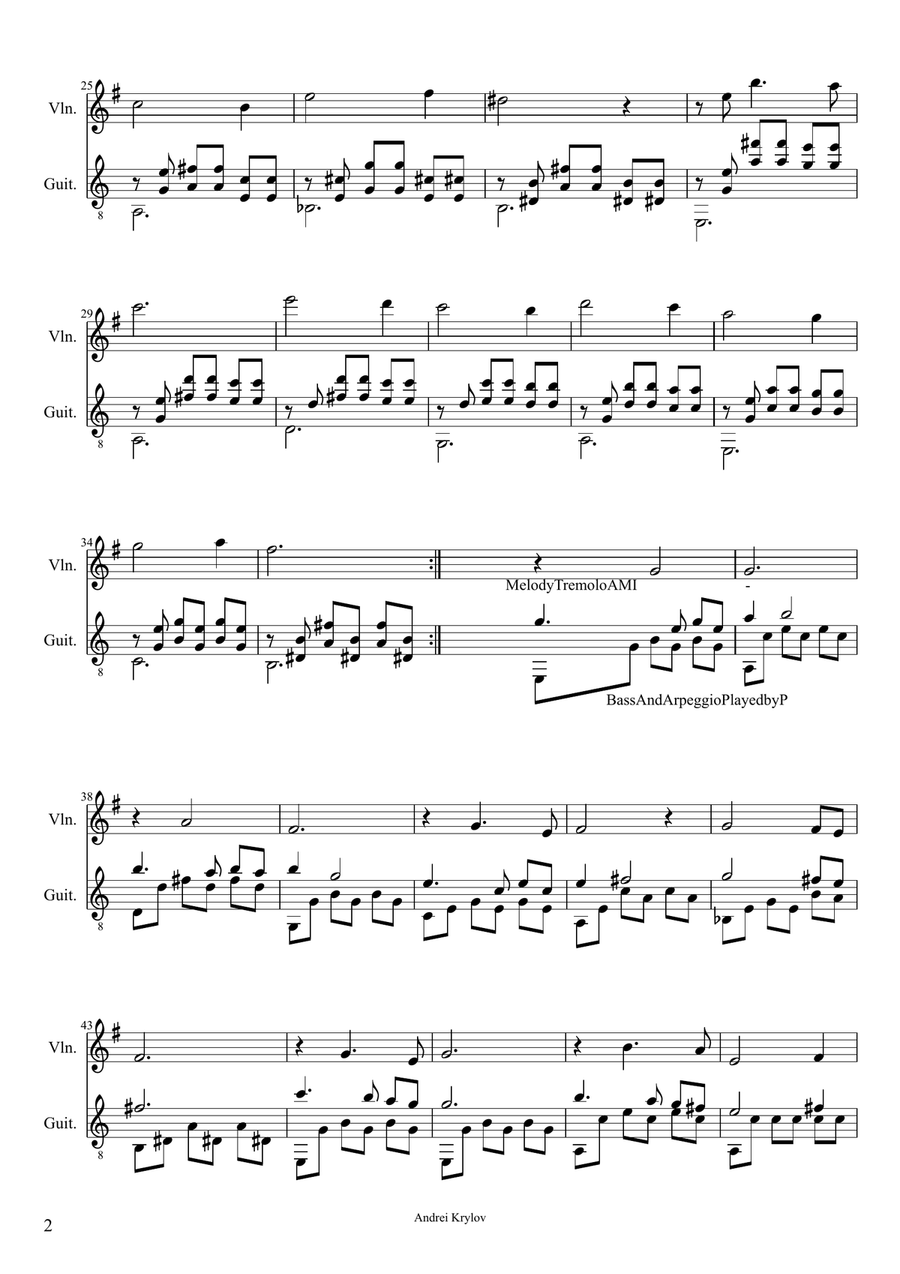 Romantic Duo of classical guitar and Violin, Etude Romance by Andrei Krylov String Duet scores gallery preview page 2