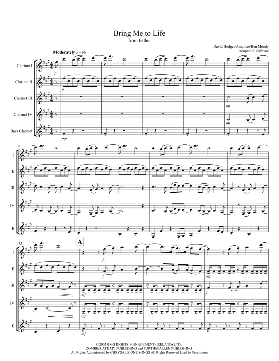 Bring Me To Life Clarinet Quintet scores gallery preview page 1