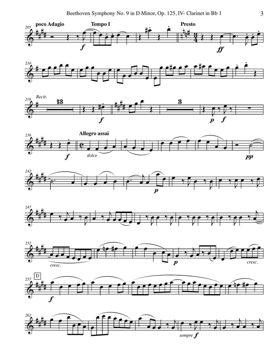 Beethoven Symphony No. 9, Movement IV - Clarinet in Bb 1 (Transposed Part), Op. 125 B-Flat Clarinet scores gallery preview page 3