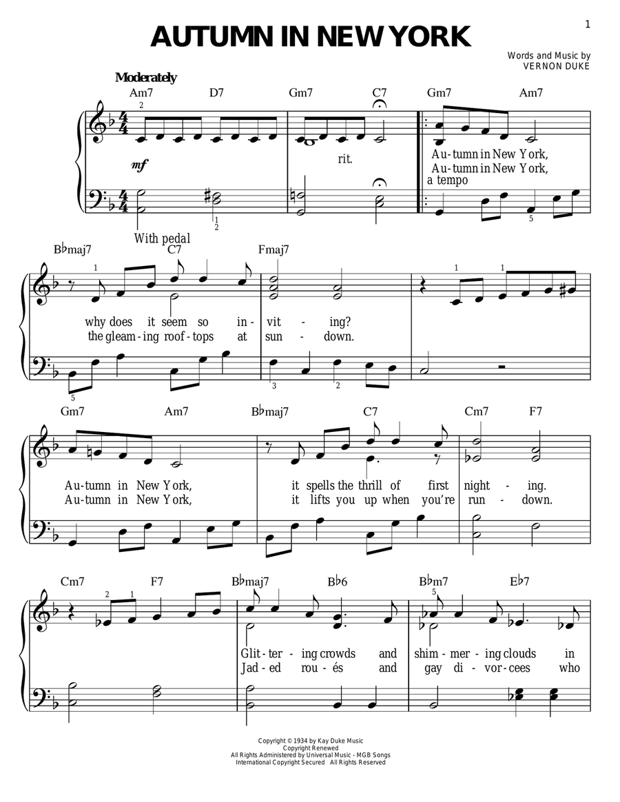 Autumn In New York Easy Piano scores gallery preview page 1