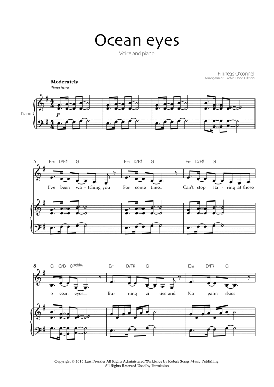 Ocean Eyes Piano, Vocal, Guitar scores gallery preview page 1