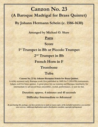 Book cover for Canzon No.23 "a Baroque Madrigal" by Johann Hermann Schein for Brass Quintet