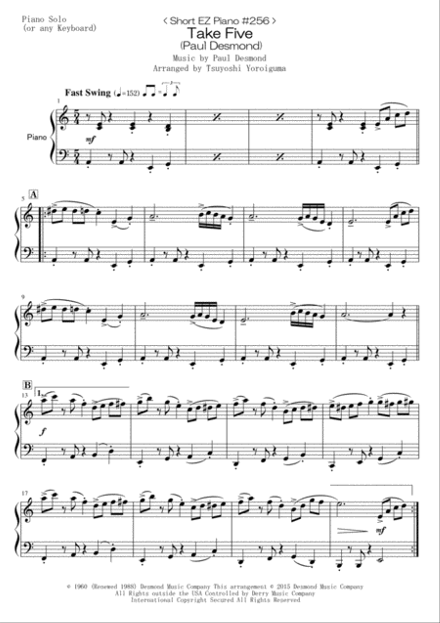 Take Five Easy Piano scores gallery preview page 1