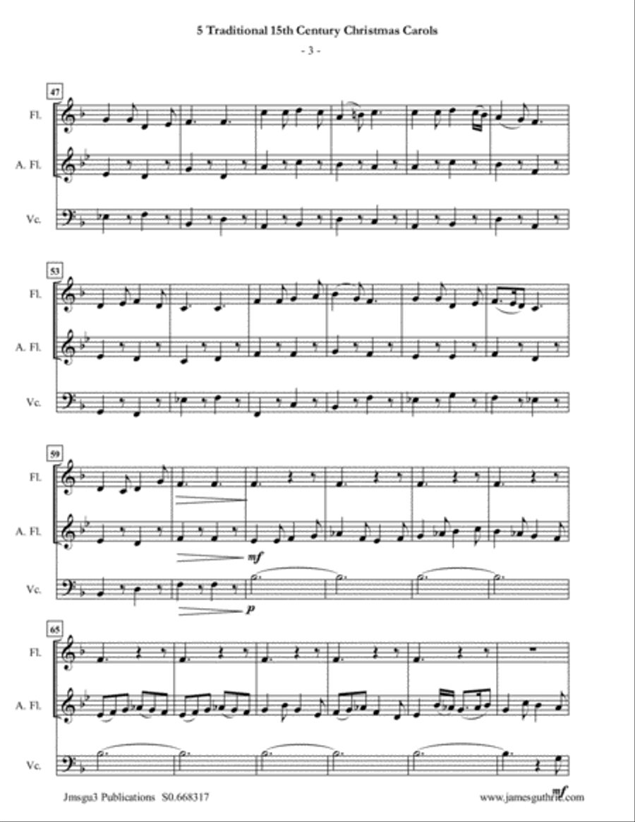 5 Traditional 15th Century Christmas Carols for Flute, Alto Flute & Cello Flute scores gallery preview page 3