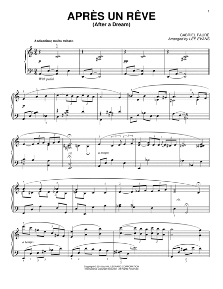 Apres un reve (arr. Lee Evans) by Gabriel Faure Piano - Digital Sheet Music