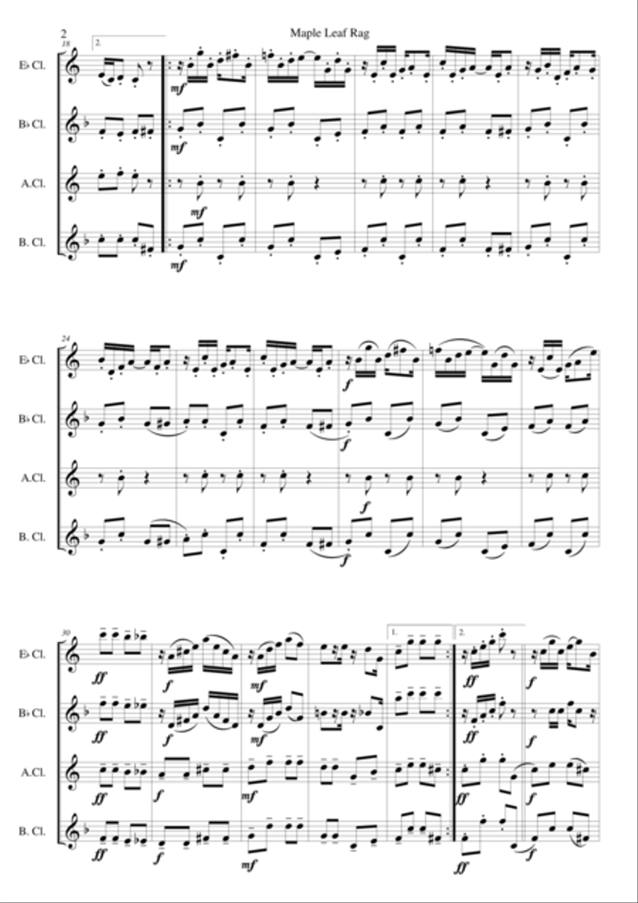 Maple Leaf Rag for clarinet quartet (E flat, B flat, alto and bass) Clarinet Quartet scores gallery preview page 2