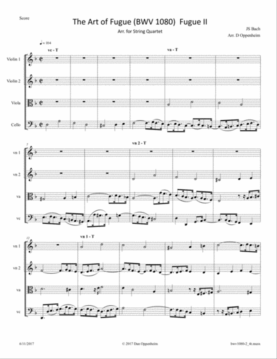 Bach: The Art of Fugue, BWV 1080 Fugue No. 2 arr. for String Quartet String Quartet scores gallery preview page 1