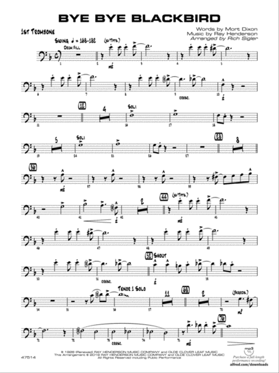 Bye Bye Blackbird: 1st Trombone Jazz Ensemble scores gallery preview page 1