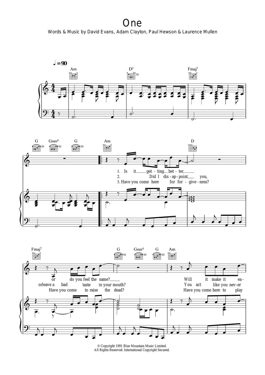 One Piano, Vocal, Guitar scores gallery preview page 1
