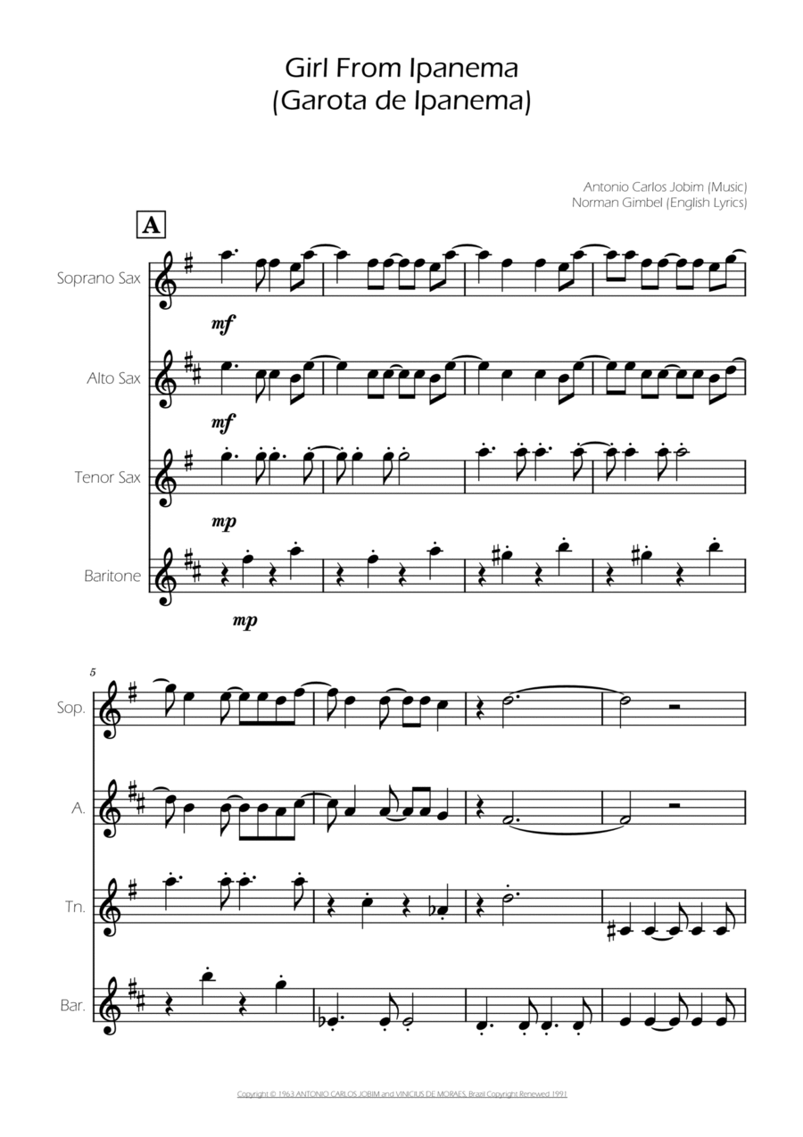 The Girl From Ipanema (garôta De Ipanema) Saxophone Quartet scores gallery preview page 1