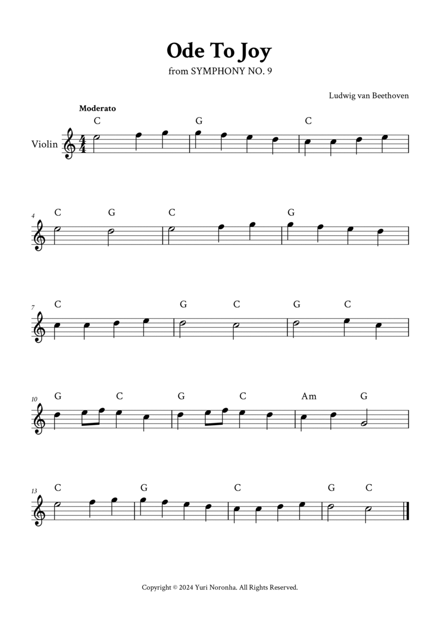 Ode To Joy - Easy Violin in C (with Chords) Violin Solo scores gallery preview page 1