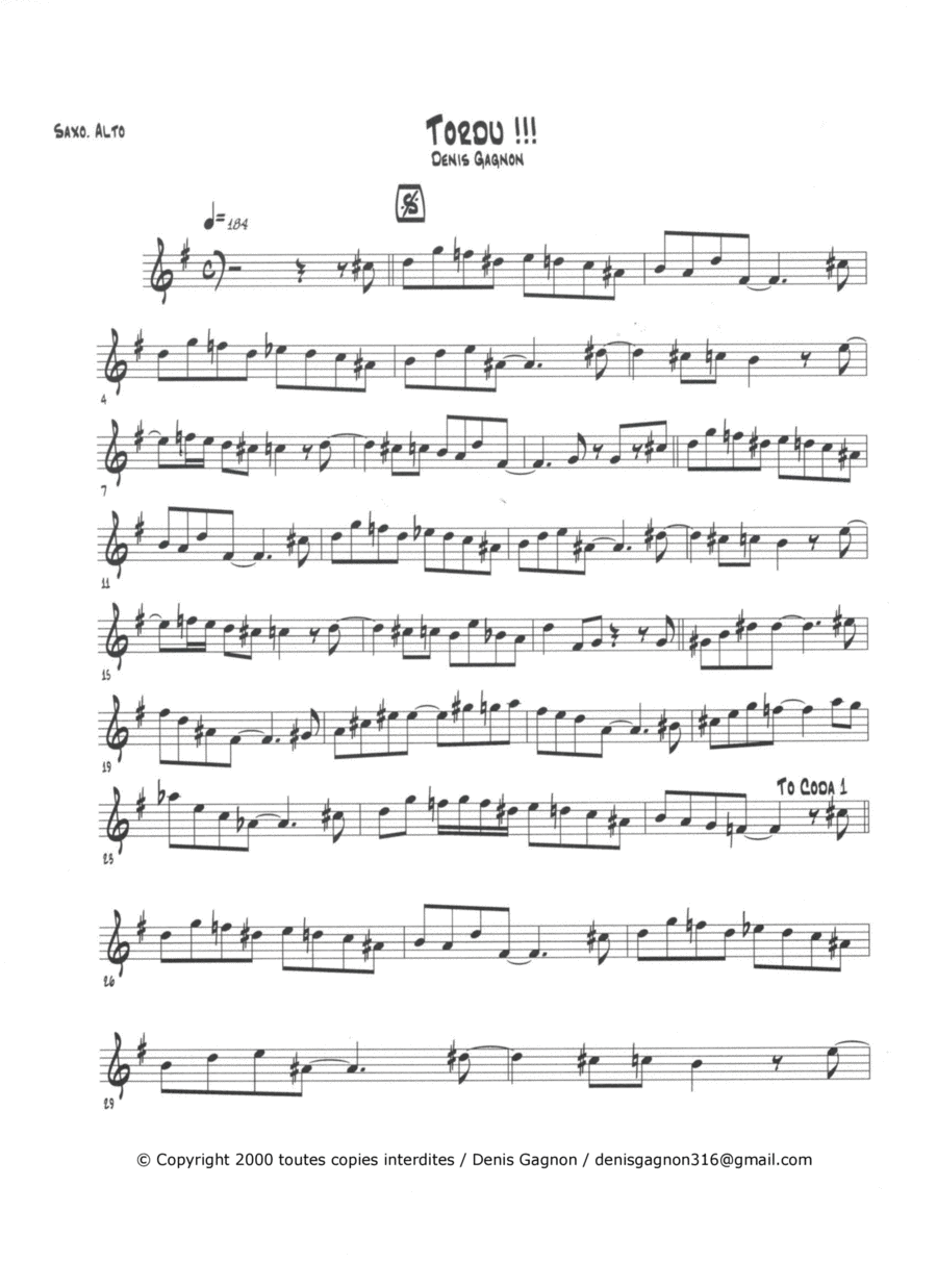 Tordu (pour saxo. Alto - Ténor 1 et 2, - Baryton - guitare- contrebasse et batterie - Score Only Jazz Ensemble scores gallery preview page 1