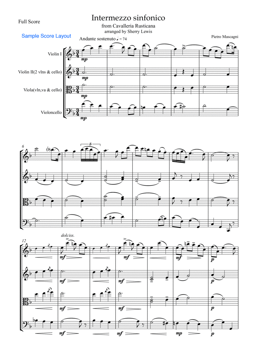 INTERMEZZO SINFONICO from 'Cavalleria Rusticana', Pietro Mascagni, String Trio, Intermediate Level f String Trio scores gallery preview page 1