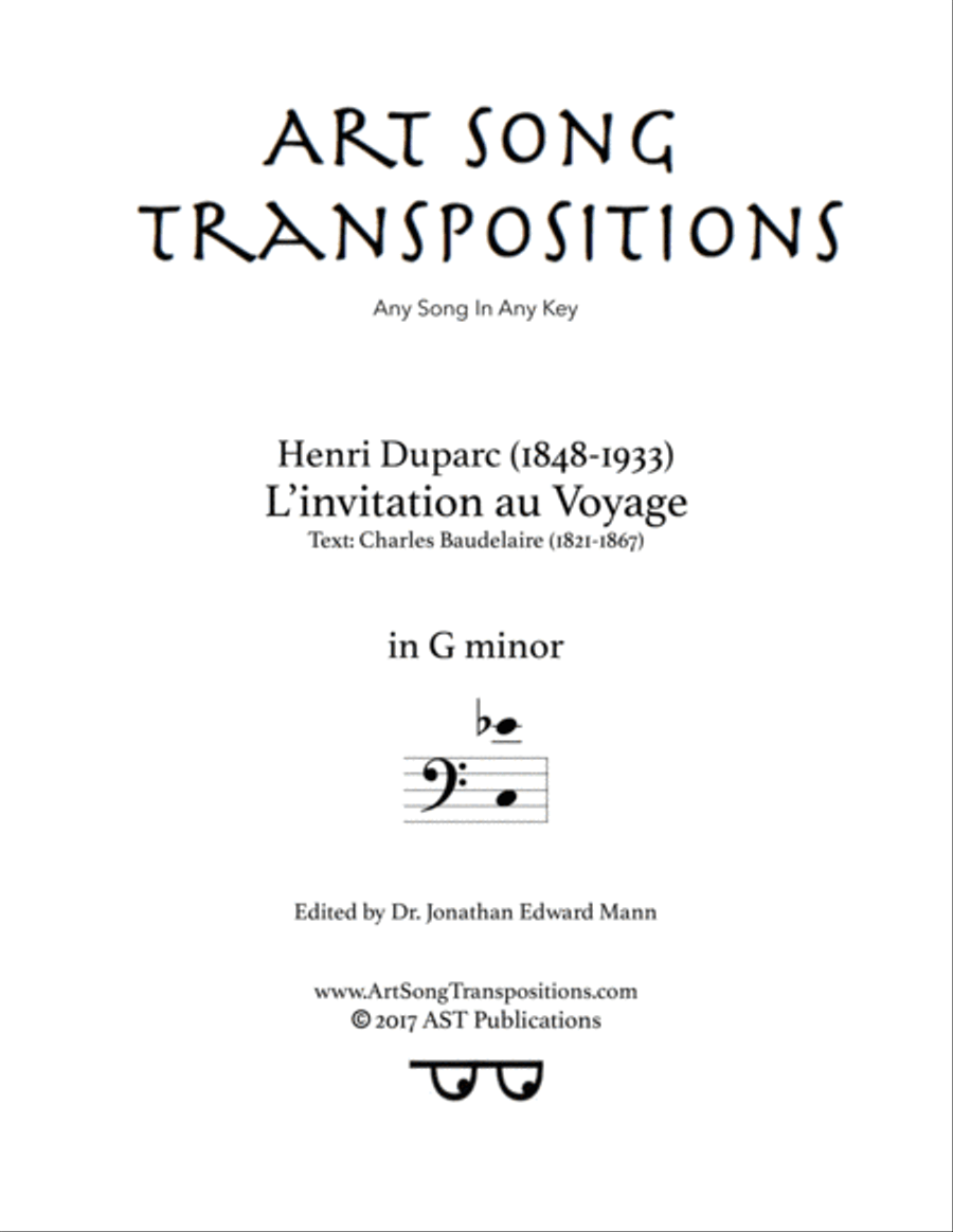DUPARC: L'invitation au Voyage (transposed to G minor, bass clef) Voice scores gallery preview page 1