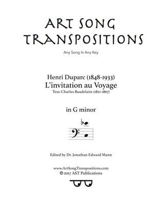 Book cover for DUPARC: L'invitation au Voyage (transposed to G minor, bass clef)