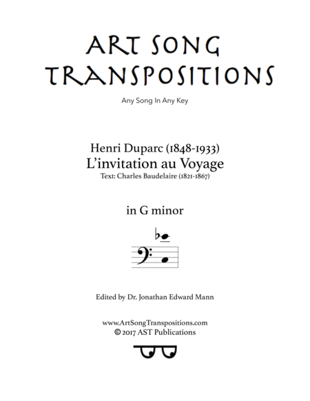 DUPARC: L'invitation au Voyage (transposed to G minor, bass clef) by Henri Duparc Voice - Digital Sheet Music