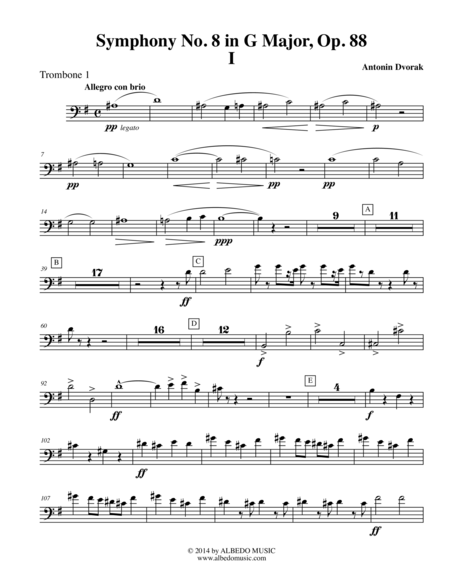 Dvorak Symphony No. 8, Movement I - Trombone in Bass Clef 1 (Transposed Part), Op. 88