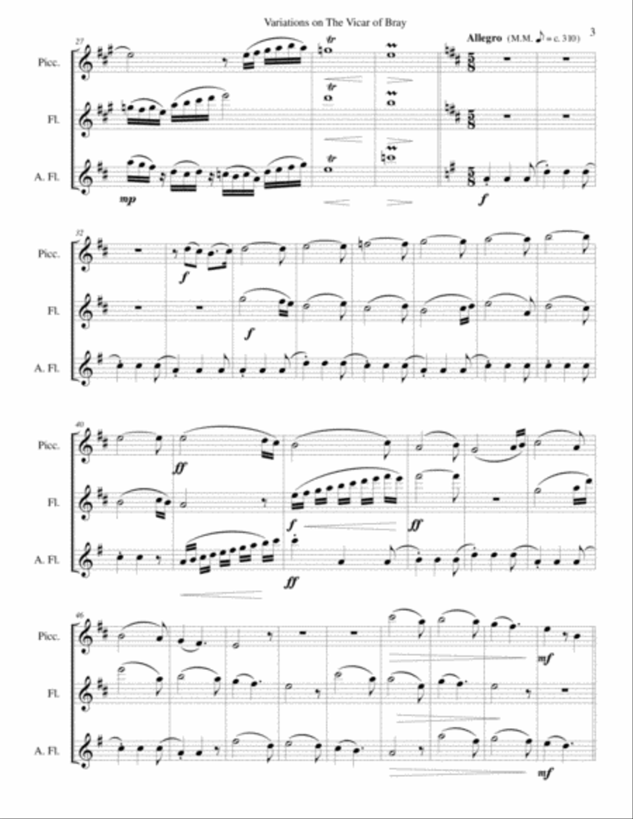 Variations on the Vicar of Bray for flute trio (piccolo, flute and alto flute) Flute Trio scores gallery preview page 3