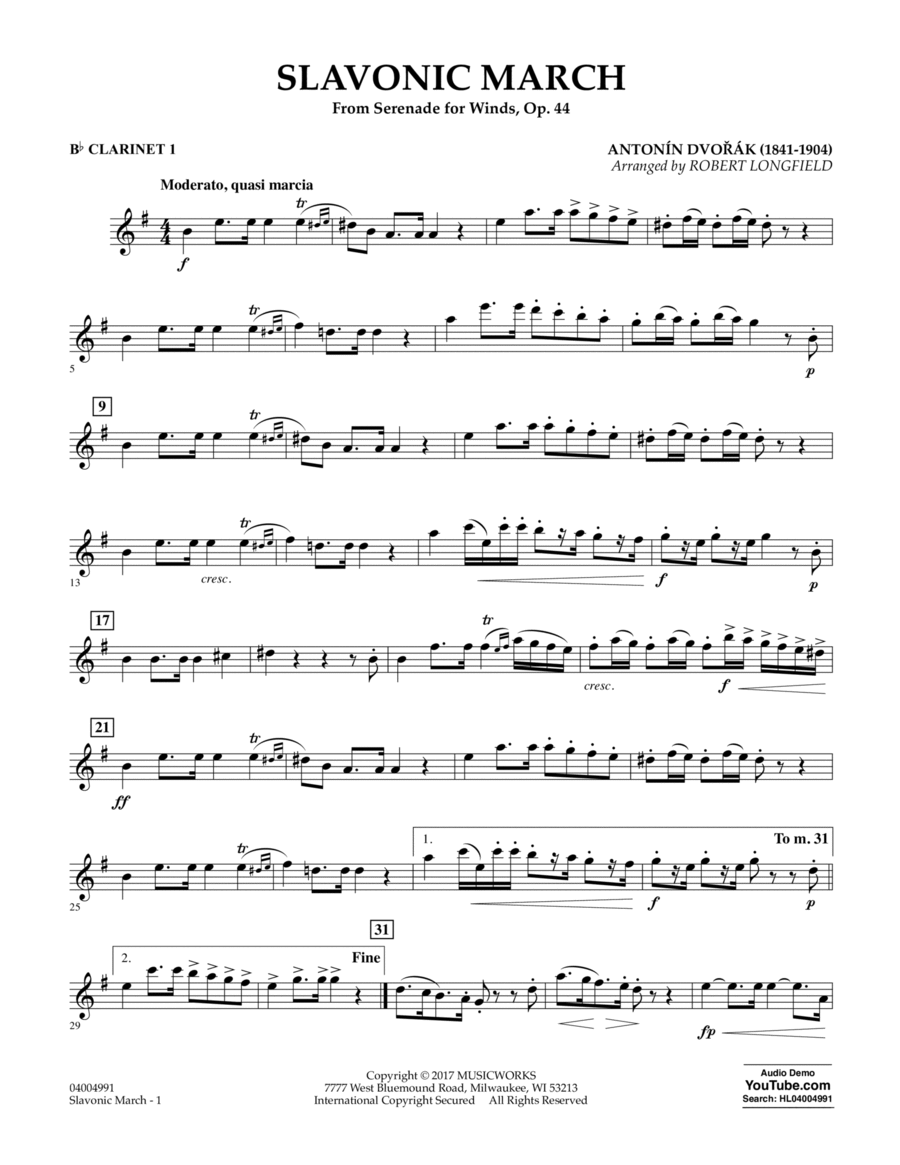 Slavonic March (from Serenade for Winds, Op. 44) - Bb Clarinet 1 B-Flat Clarinet scores gallery preview page 1